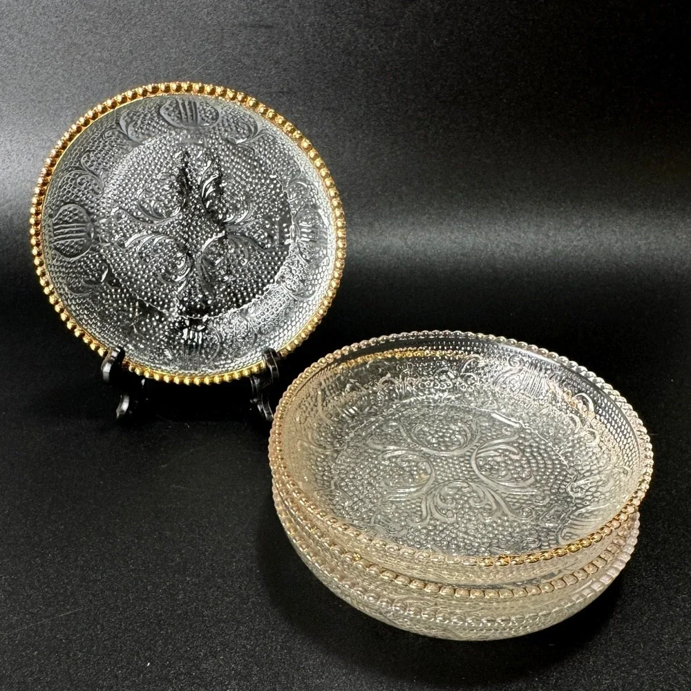 Vintage Jeannette Glass Harp Coasters Butter Pat Condiment 4 Gold Trim 50's MCM